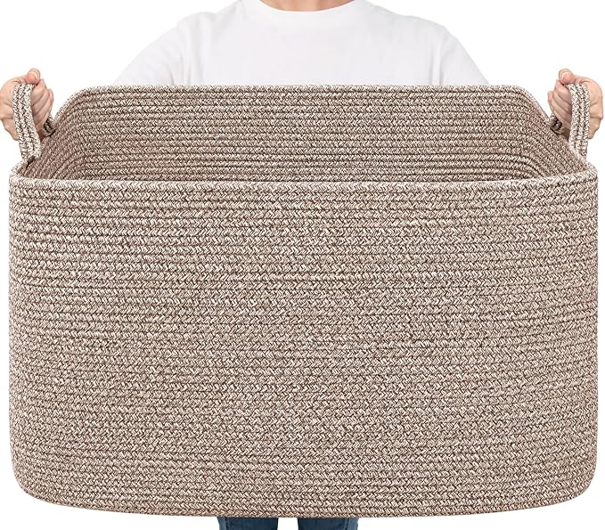 Goodpick 85L Large Woven Rope Blanket Basket, Rectangle, Brown | 23.6'' x 15.7'' x 13.8'' Storage Basket for Blankets, Toys & Clothes, Living Room & Bedroom Organization, Reinforced Handles