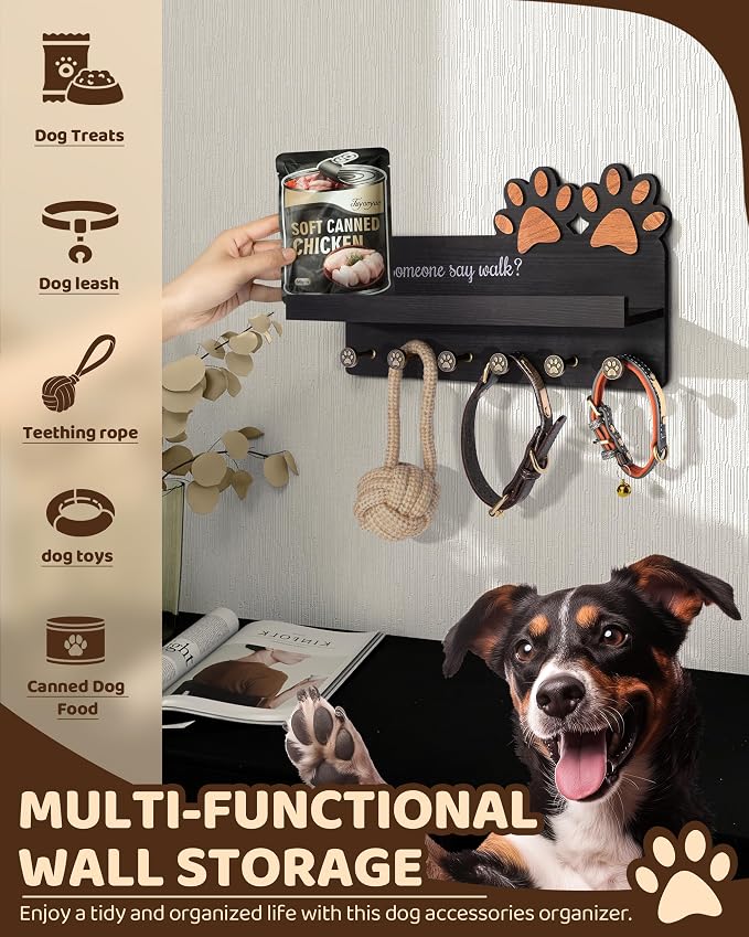 MTERSN Decorative Dog Leash Holder for Wall with Shelf & 6 Hooks, Black | 3D Dog Paw Key Hooks, Unique Back Panel, Key Hanger for Leashes & Keys, Pet Accessories Storage, Gift for Dog Lovers