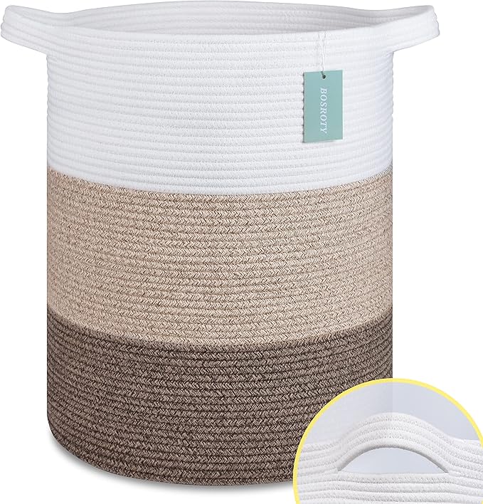 Cotton Rope Blanket Basket, 72L Laundry Hamper, White & Ombre Brown