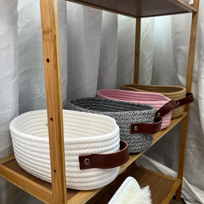 ABenkle Small Woven Basket, Mini Cotton Rope Storage Basket, Tiny Easter Basket, Shelf Basket, Oval Decorative Toy Dog Cat Basket for Nursery, Empty Gift Basket, 9.4" x 5.9" x 3.9" XS
