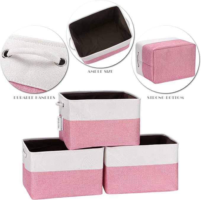 Sea Team Large Rectangle Canvas Open-Top Storage Baskets, 3-Pack | Collapsible Fabric Storage Bins with Handles, Closet Shelf Organizers, 15 x 10 x 10 Inches, Pink & White
