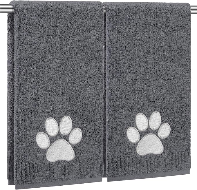 SmoothNovelty 2 Pcs Dog Paw Hand Towels Dark Grey Bathroom Decor 13 x 29 Inch 100% Cotton Embroidered Hand Towels Soft Absorbent Farmhouse for Kitchen Restroom