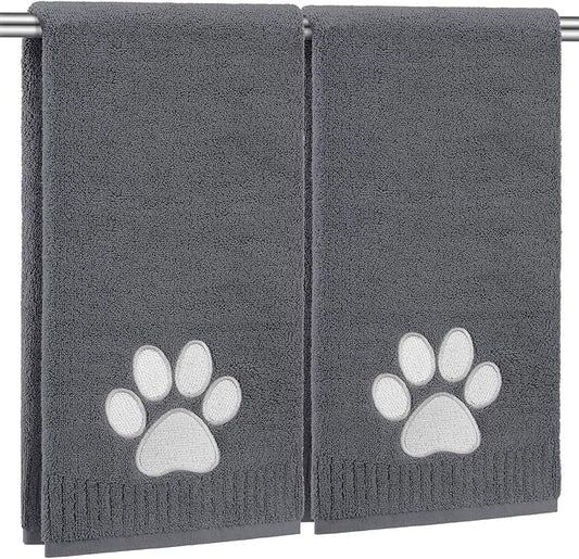 SmoothNovelty 2 Pcs Dog Paw Hand Towels Dark Grey Bathroom Decor 13 x 29 Inch 100% Cotton Embroidered Hand Towels Soft Absorbent Farmhouse for Kitchen Restroom