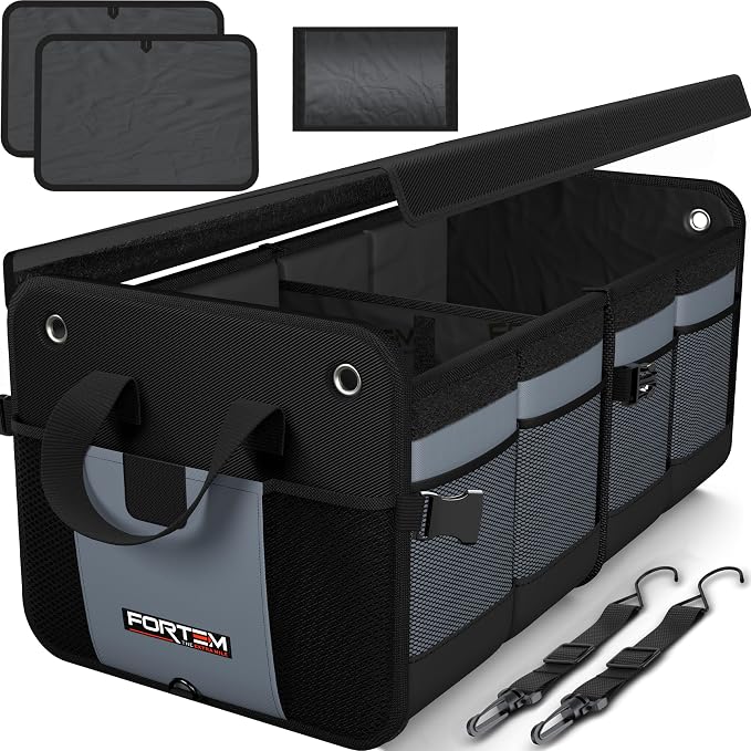 FORTEM Trunk Organizer - Collapsible Car Organizer & Storage Bag for SUVs | Car Accessories for Men & Women, Cooler Bag, Non Slip Bottom, Straps, Soft Cover, 1680D Oxford, 3 Compartments, Grey, 50L