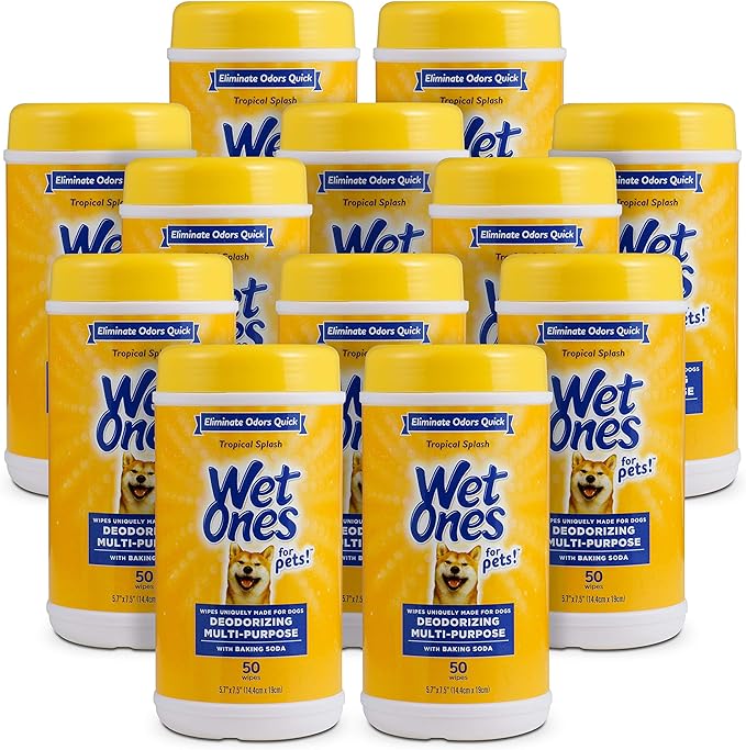 Wet Ones for Pets Deodorizing Dog Wipes with Baking Soda, Tropical Splash Scent - Multipurpose Deodorizing Pet Grooming Wipes in Resealable Canister, 50 Count - 12 Pack