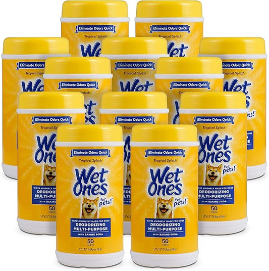 Wet Ones for Pets Deodorizing Dog Wipes with Baking Soda, Tropical Splash Scent - Multipurpose Deodorizing Pet Grooming Wipes in Resealable Canister, 50 Count - 12 Pack