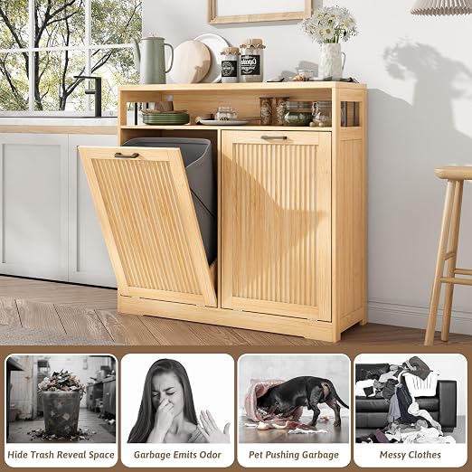 13 Gallon Double Tilt Out Trash Can Cabinet with Open Shelf & Storage - Pet Proof Hidden Recycling Cabinet & Wooden Laundry Hamper for Kitchen, Bathroom, Living Room, Natural Wood