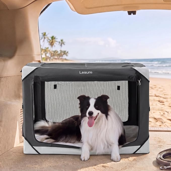Lesure Portable Collapsible Dog Crate for Large Dogs, 36in Charcoal Grey | Soft Travel Camping Pet Kennel, 4-door, Indoor and Outdoor Use, Easy Set Up and Fold, For Large Breeds Up to 70lbs