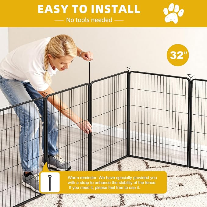 Heavy-Duty Iron Dog Playpen Outdoor Indoor,32 Inch 8 Panels Dog Play Pen | Dog Fences for RV Camping/Yard/Garden,Portable Dog Play Pen for Dogs,Puppies,Small Animals,Black Silver