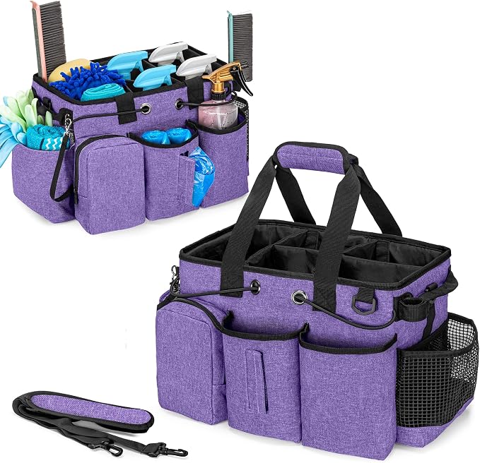 LoDrid Large Professional Cleaning Caddy with Detachable Divider, Purple | Cleaning Supply Organizer with Handle and Shoulder Strap for Housekeepers & Cleaners