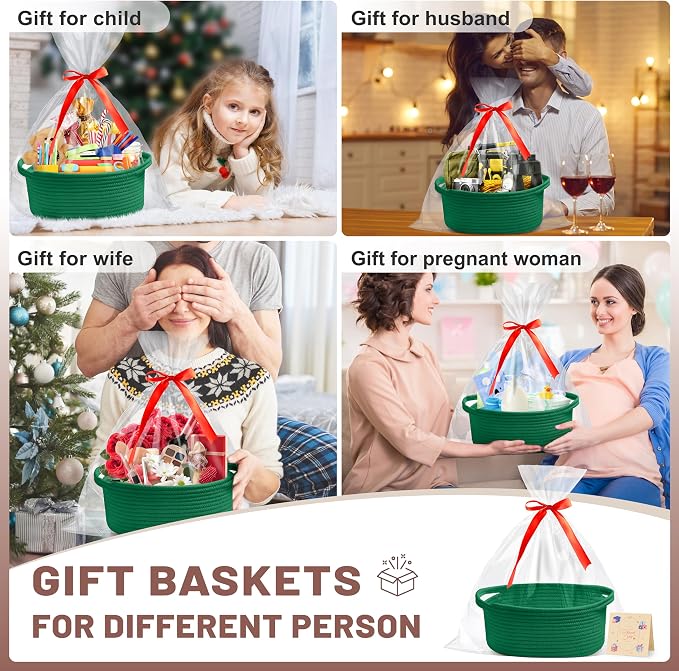 Bufims Small Woven Green Gifts Basket for Storage Empty with Ribbons and Bags Durable Cute Gifts 12"X 8" X 5" Small Rope Basket for Gifting