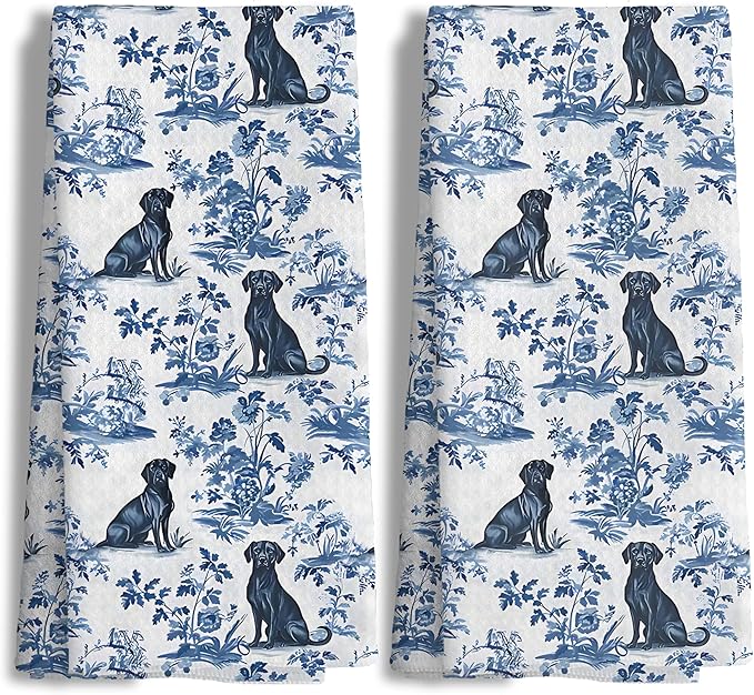 Chinoiserie Labrador Retriever Kitchen Towels Set of 2, Blue and White Botanical Grandmillennial Dog Decorative Dish Tea Towels, Labrador Retriever Gifts for Kitchen Bathroom Decor, 16x24 Inch