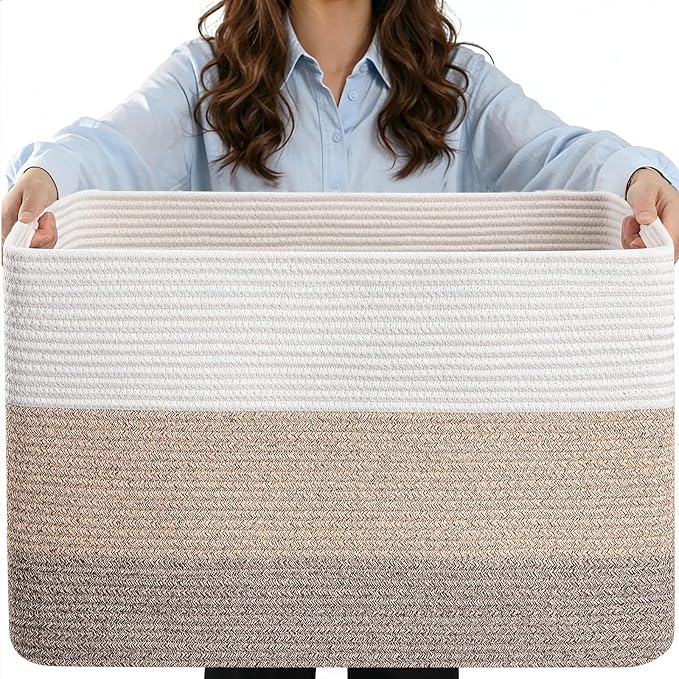 75L Laundry Basket Hamper,Gradient Brown/White, 22"x17"x12" | Cotton Rope Blanket Basket,Rectangle Woven Storage Basket for Living Room,Large Shelf Basket for Shoes,Toys, Clothes, Pillows