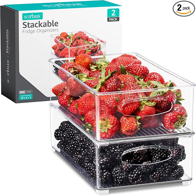 Sorbus Fridge Organizers and Storage, Clear Stackable Bins (Medium, 2 Pack) | Built-in grips support easy access and transport; plastic containers organize food in freezers, drawers and countertops.