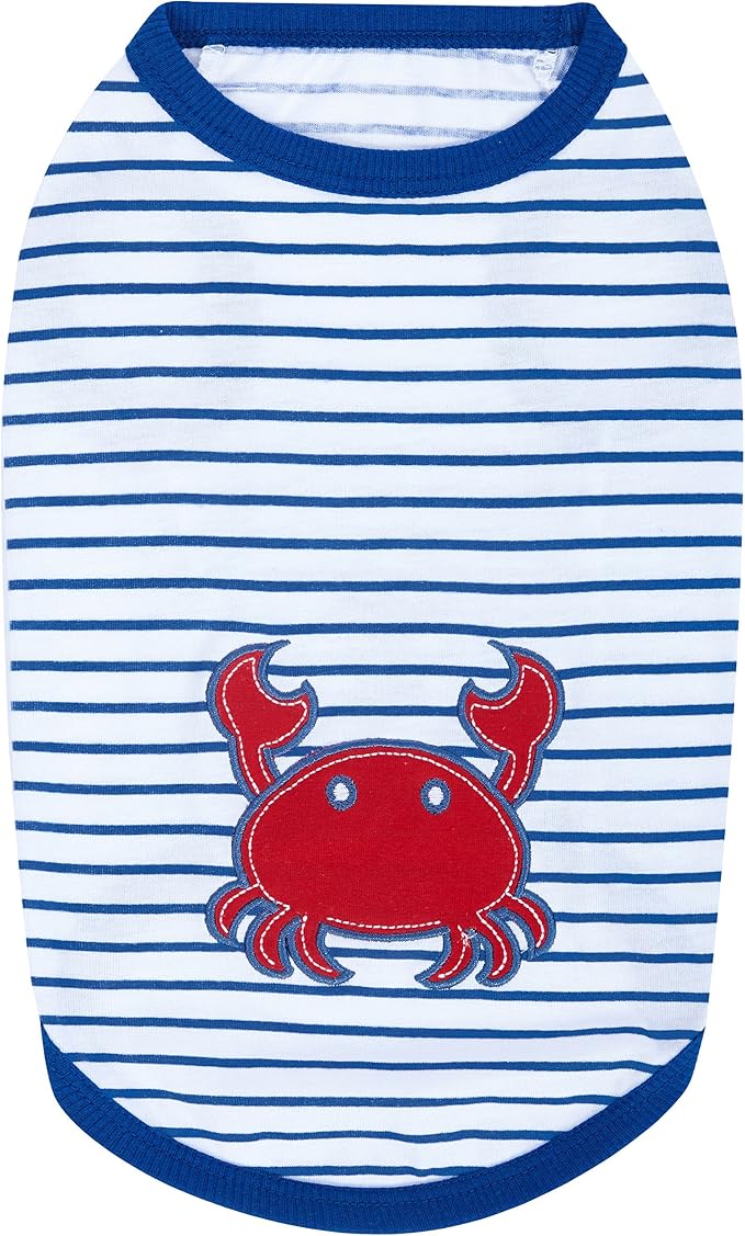 Blueberry Pet Soft & Comfy Summer Vacation Beach Cotton Dog T-Shirts, 2 Pack, Sunshine Sea Lover Striped Shirts Tank Top Clothes, Back Length 10", for Small Dogs