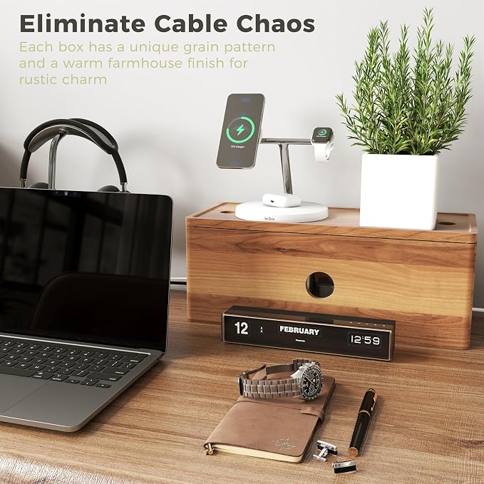 Large Cable Management Box Acacia Wood Cord Organizer Power Strip & Cables | Acacia Wood Cable Hider; Large Electrical Cord Storage; Hide TV Wires & Power Strips; Rustic Style; Home Office & Living Room