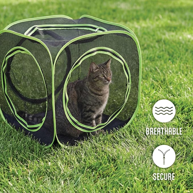 Kitty City Large Outdoor Cat Play Cube, Mesh Pop-Up Cat Enclosure for Indoor & Outdoor Use, Expandable Modular Cat Playpen with Zippered Access - Green