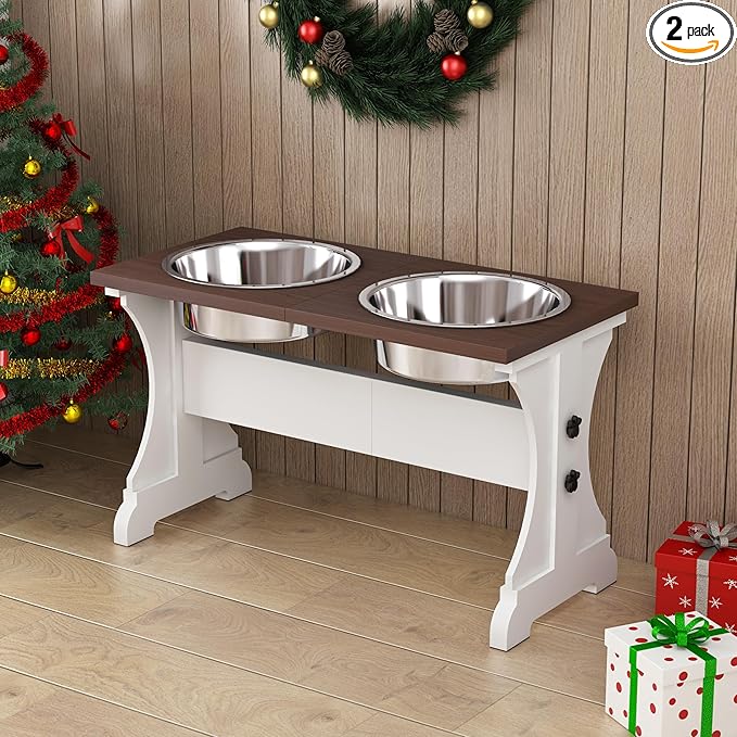 Piskyet Elevated Dog Bowls,Dog Bowl Stand, 9Cups 13.8"H_80oz Bowl-Farmhouse | Farmhouse Dog Bowls Stand, Raised Dog Bowl with 2 Stainless Steel Wooden Dogs Bowls for Medium Large Size Dogs
