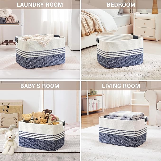 72L Woven Laundry Basket Hamper with Leather Handles,Denim Blue | collapsible wicker hamper, storage for dirty clothes, toys, blankets, gifts, living room, bedroom, bathroom, 22"x17"x12"