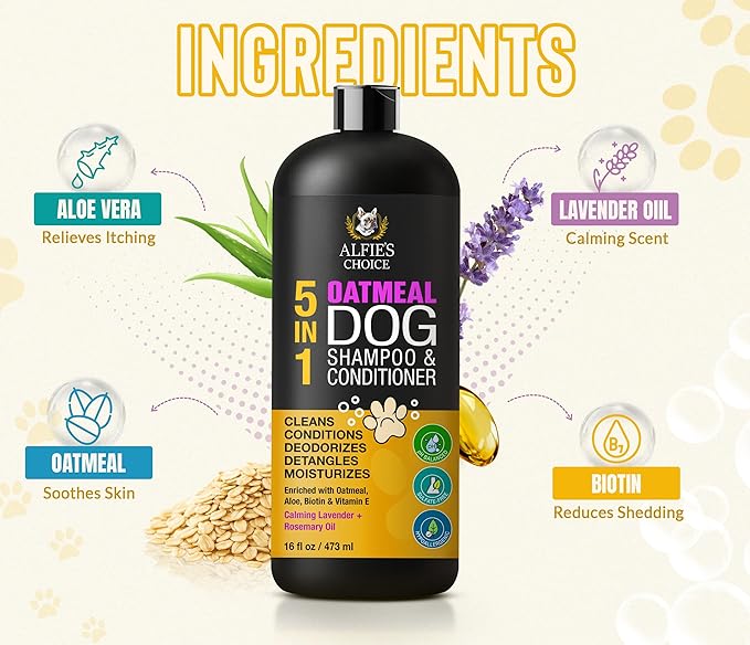 ALFIE'S CHOICE Oatmeal Dog Shampoo and Conditioner for Itchy Skin Relief | 16 fl oz | 5-in-1 Puppy Shampoo for Sensitive Skin | Cleans, Deodorizes & Detangles for All Breeds | Dog Wash Made in USA