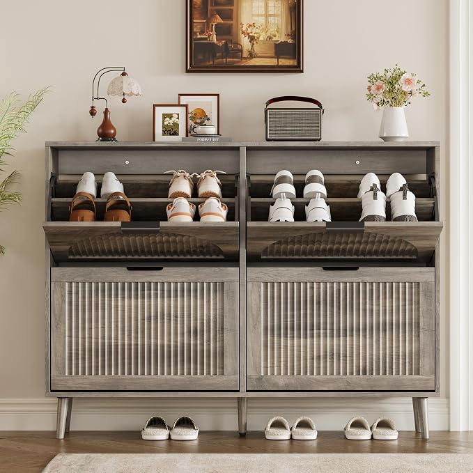 BORNOON Shoe Cabinet for Entryway with 4 Flip Drawers, Slim Wooden Shoe Storage Organizer with Modern Fluted Pannel，Freestanding Narrow Hidden Shoe Rack for Hallway, Foyer, Living Room