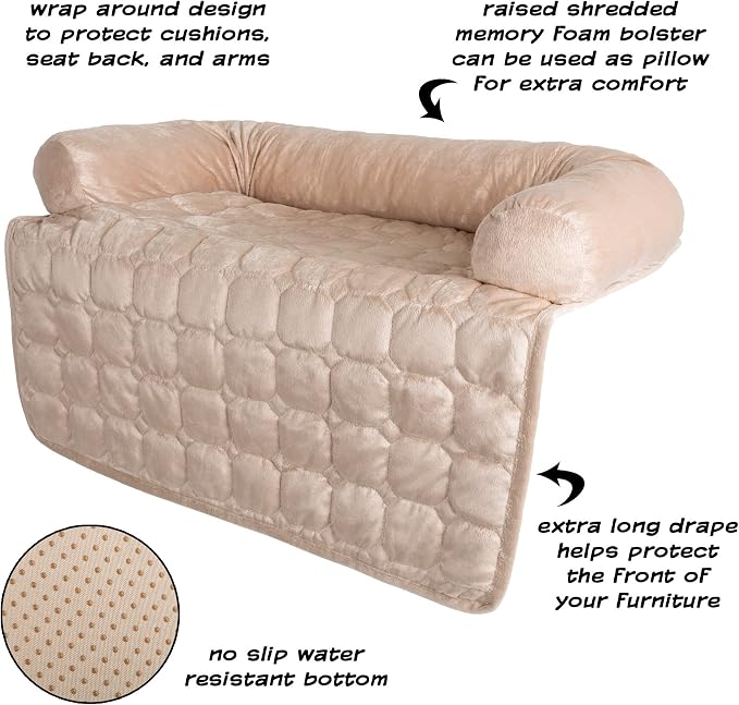 Couch Cover for Dogs – 30x30.5 Pet Furniture Protector with Memory Foam Bolster, Quilted Fabric, Non-Slip Water-Resistant Base by PETMAKER (Beige)