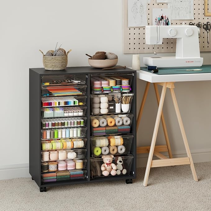 Mobile Storage Cabinet with 15 Clear Drawers, Modern Black | Craft Cabinet with 5 Large Drawers, Cart with Wooden Tabletop, Printer Stand Home Office, Dresser Chest