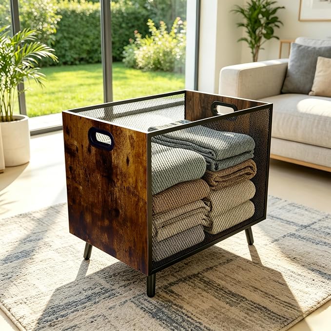 66L Blanket Basket, Laundry Basket Organizer With Rustic Industrial Design, Blanket Storage Basket For Living Room, Wood And Metal Mesh Construction