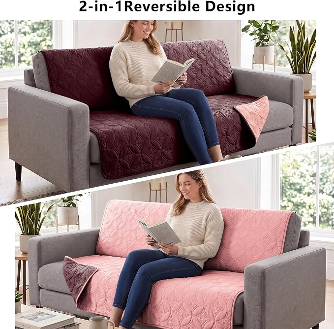 Waterproof Couch Cover for Dogs - Washable Pets Furniture Protector | TPU Leak-Proof Liner, Lightweight & Reversible, Fits Chair, Sofa, Bed, 52" x 82" , Burgundy/Pink