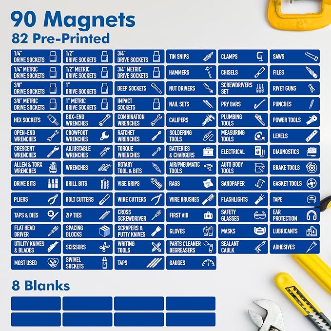 90 PCS Magnetic Toolbox Labels, 82 Pre-Printed & 8 Blanks Large Size Tool Chest Organizer Labels Strong Magnetic & Easy to Read Printing Fits All Brands of Steel Tool Box Drawers (Blue, 3.5” x 1”)