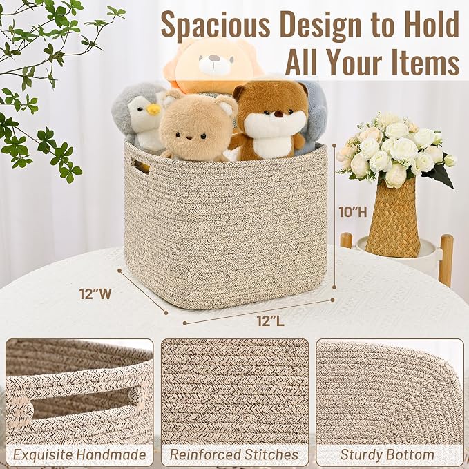 3 Pack Cube Storage Bin, 12”x12”x10” Cotton Rope Woven Baskets for Organizing Toys Clothes Towels, Square Gift Storage Baskets for Shelves, Nursery, Closet, Bathroom, Pantry (Jute)