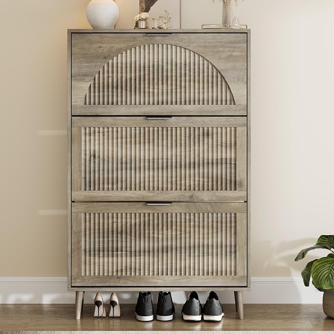 Shoe Storage Cabinet with 3 Flip Drawers, Narrow Wood Shoe Organizer Cabinet with Fluted Panel, Slim Shoe Rack for Entryway, Freestanding Shoe Cabinet for Living Room, Hallway, Grey