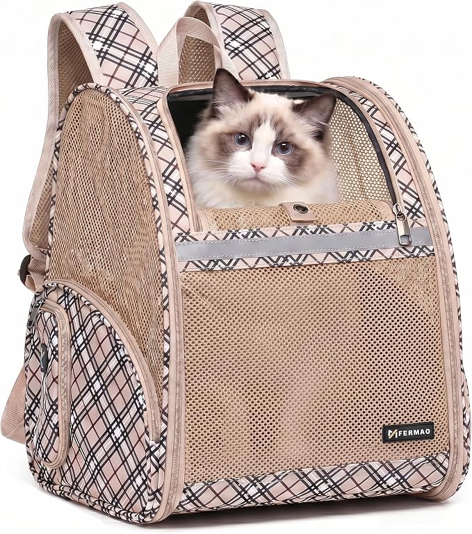 Cat Backpack Carrier for Small Dogs and Medium cat Puppy Kitten Bunny Pet Carrier Backpack Collapsible with Fully Ventilated Mesh with Safety Leash (Khaki, 12.9" L x 10.62" W x 15.5" H - M)