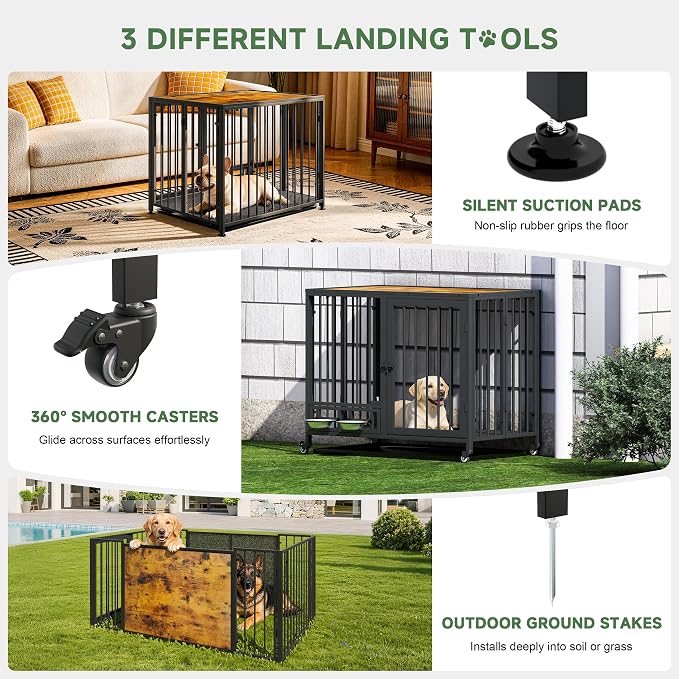 Heavy Duty Dog Crate for Medium Dogs, 3 in 1 37.8" Foldable Collapsible Dog Kennel & Playpen with Wheels & Feeding Bowls, Escape-Proof Metal Dog Cage for Indoor Outdoor Use, Rustic Brown