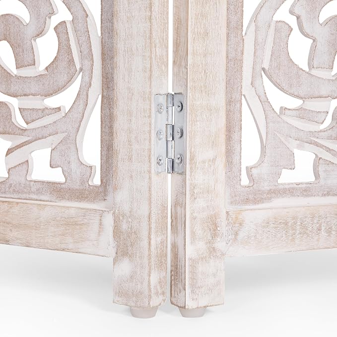 Lightnpro 4-Panel Carved Wooden Dog Gate with Stopper – 72 Inch Extra-Wide Foldable Freestanding Pet Barrier, White Wash Indoor Safety Fence for Small Dogs & Puppies – 24x18 Inch Panels