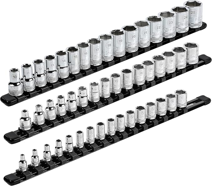 ARES 70087 3-Pc 1/4,3/8,1/2-In Socket Rail | Part No. 70087; 1/4-Inch, 3/8-Inch, and 1/2-Inch Drive Rails Hold 48 Sockets and Keep Your Tool Box