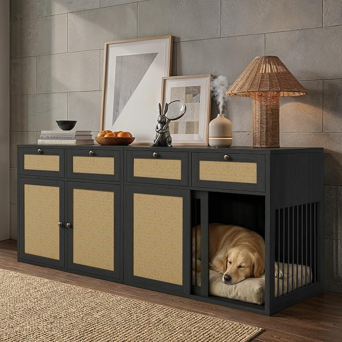 PureCozy 2-Piece Dog Crate Furniture, Right, 80 Inch, Black Oak | Right-unit kennel with metal sliding door plus cane storage cabinet and 4 total drawers; furniture-style indoor console.