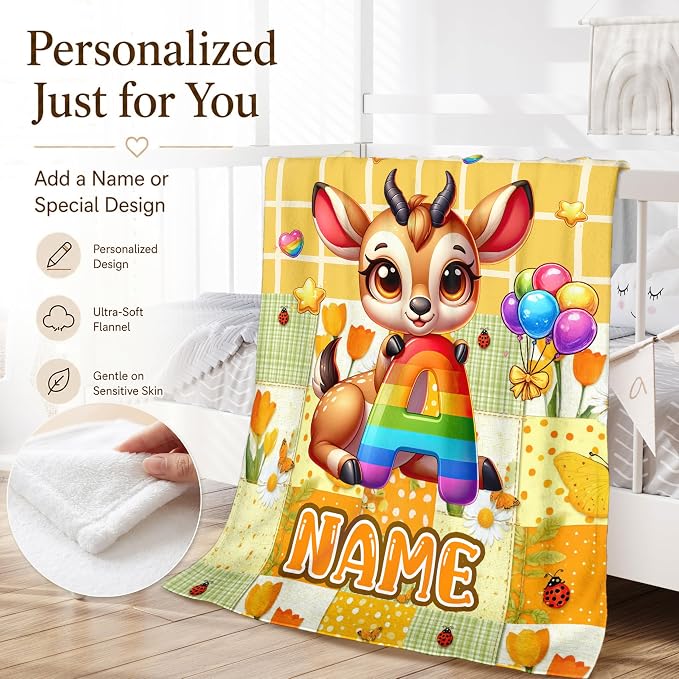 Blanket for Girls Custom Deer Throws, Personalized Animal Blanket for Kids | Custom Monogram Present, Multiple Sizes, Bed Blanket, Easy Care, Sofa Throw