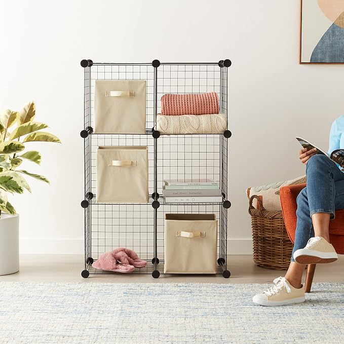Amazon Basics 6 Cube Wire Grid Storage Organizer, Stackable Cubes, Cubby Bookcase, Display Shelf, 14" D x 14" W x 14" H, Black