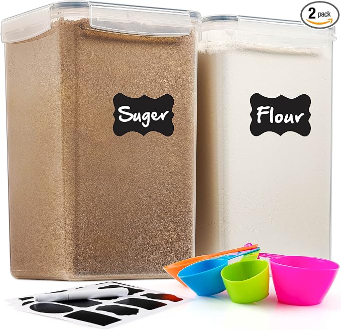 2 Pack Extra Large Airtight Food Storage Containers - 6.5L / 220 Oz BPA Free Clear Plastic Kitchen and Pantry Organization for Flour, Sugar, Rice & Baking Supply - Labels, Marker & Spoon Set