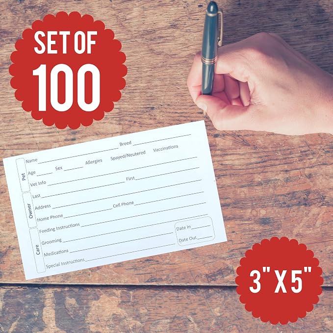 100 3X5 Kennel Cards (3 X 5 Inch) cage Cards for a Kennel, Cat and Dog Boarding Supplies, Pet Profile Record Card for Veterinary Practice, Shelter, Dog Grooming (Pack of 2)