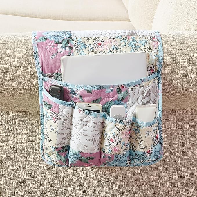 Brilliant Sunshine Lilac & Egg Blue Rose Couch Armrest Cover, 35"×13" | Washable Magazine Holder, Armrest Organizer & Caddy on Sofa, Recliner, Armchair, Storage for Remote Controls, Phone, iPad