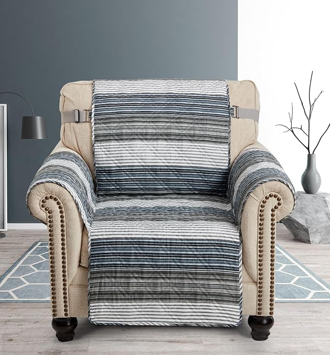 Brilliant Sunshine Multi Grey Stripes Couch Armchair Cover, 23" seat | Quilted Sofa Cover, Living Room & Bedroom Furniture Protector, Washable Chair Slipcover for Pets, Dogs & Cats
