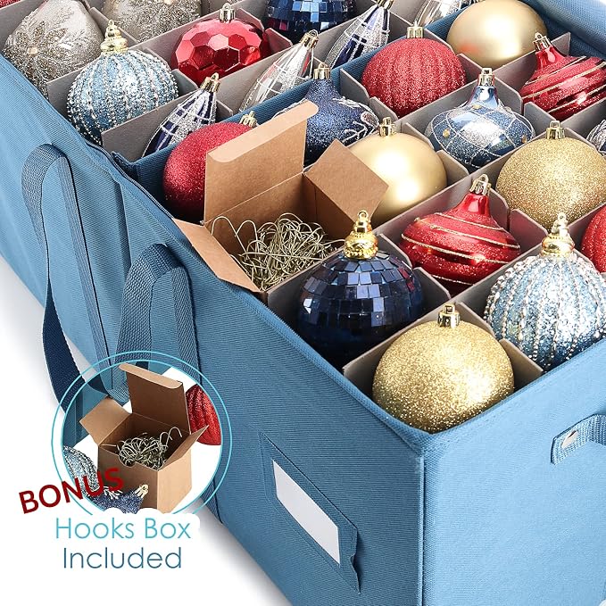 Hearth & Harbor Large Christmas Ornament Storage Box With Adjustable Dividers - Ornament Storage Container For 128 Holiday Ornaments or Decorations
