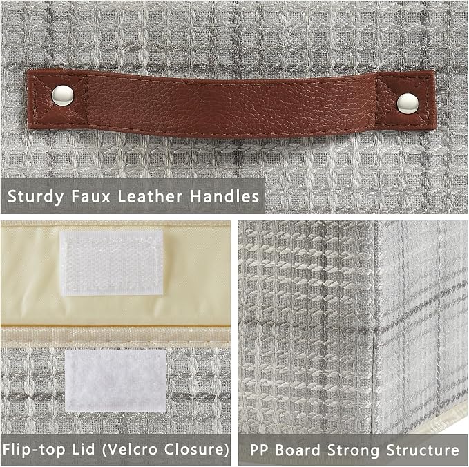 2PCS Storage Box with Lid Decorative Textured Fabric Bin Basket | Clothes Organizer for Closet Shelf, Collapsible Washable, w/ Faux Leather Handles, Silver Gray (3D Textured), Small