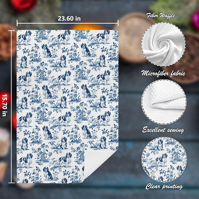 Chinoiserie Cavalier King Charles Spaniel Kitchen Towels Set of 2, Blue and White Floral Cavalier Spaniel Decor, Grandmillennial Dog Hand Towels for Kitchen Bathroom, 16x24 Inch