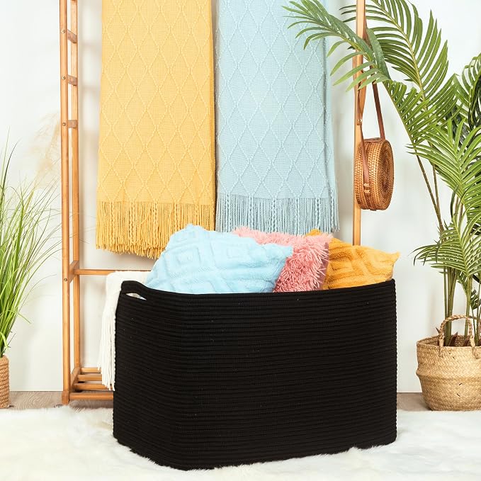 112L Extra Large Blanket Basket Holder Living Room, 25"x17"x16" Rectangle Rope Woven Storage Basket with Handles for Laundry, Pool Towels, Shoes, Dog Toy Organizer Bin Box, Black