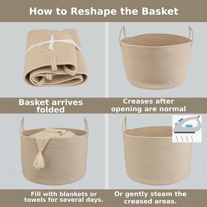 XUANGUO 66L Large Blanket Basket, Round Cotton Rope Basket, Oatmeal | 20" x 13" Laundry Basket with Sturdy Handles for Blankets, Pillows and Toys; Storage for Living Room, Bedroom and Nursery