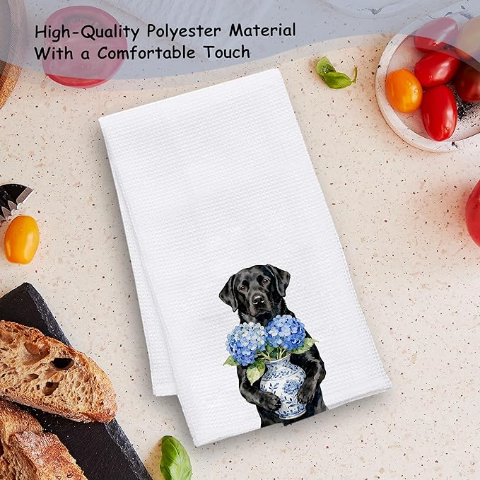 Blue Hydrangea Black Labrador Retriever Kitchen Towels, Black Lab Gifts Dish Tea Towels for Kitchen Decor, Chinoiserie Porcelain Floral Dog Decorative Hand Towel Bathroom Decor, 16x24 Inch