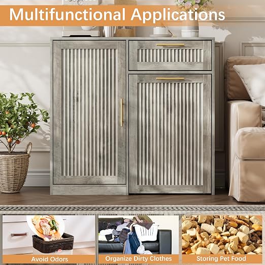13 Gallons Pull Out Trash Can Cabinet with Storage, Fluted Pet Proof Trash | Kitchen Trash Cabinet with Adjustable Shelf & Drawer, Hidden Garbage Can Cabinet for for Laundry, Living Room